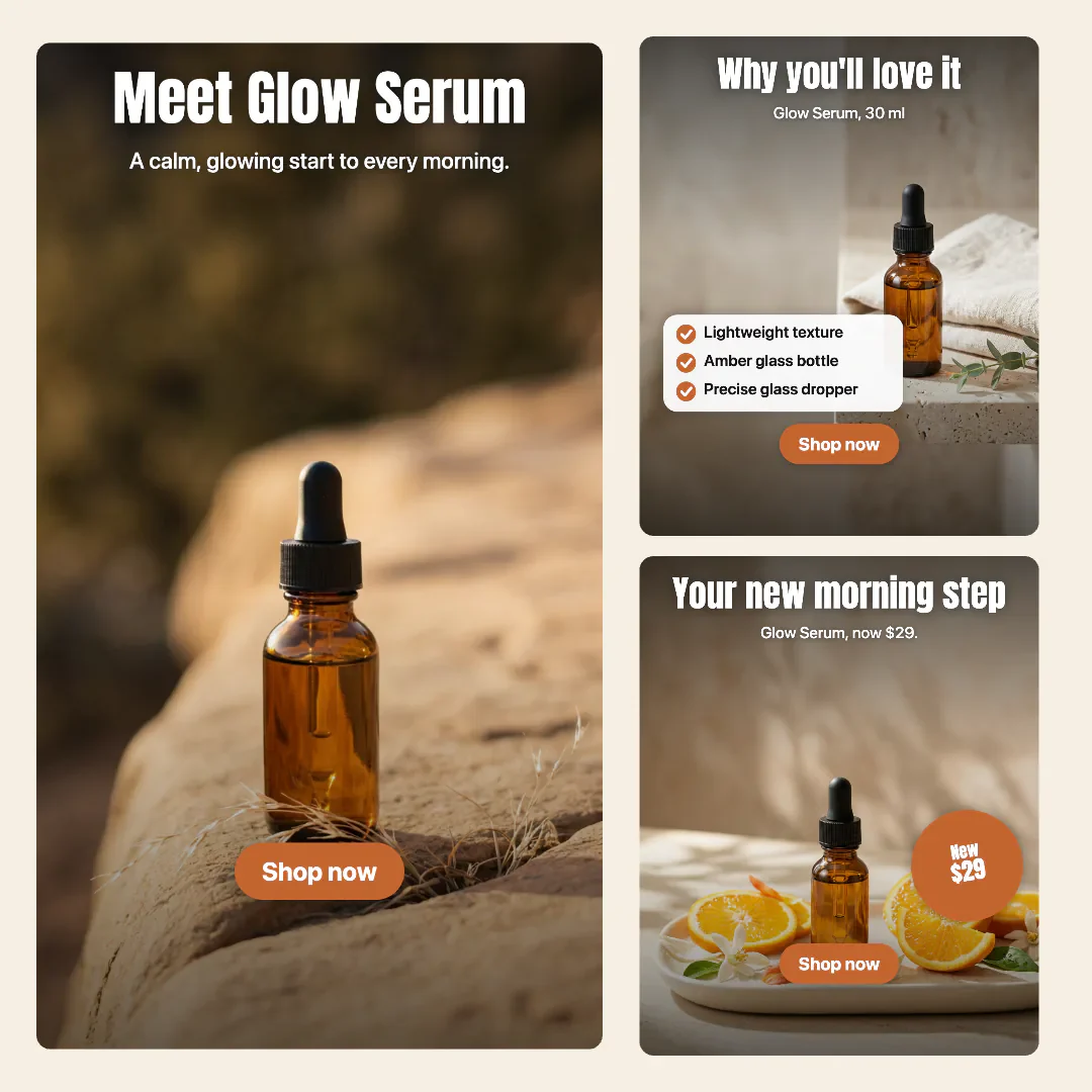 Three image ads for an amber serum bottle, a hero ad, a benefits ad with three check marks and a promo ad with a price badge