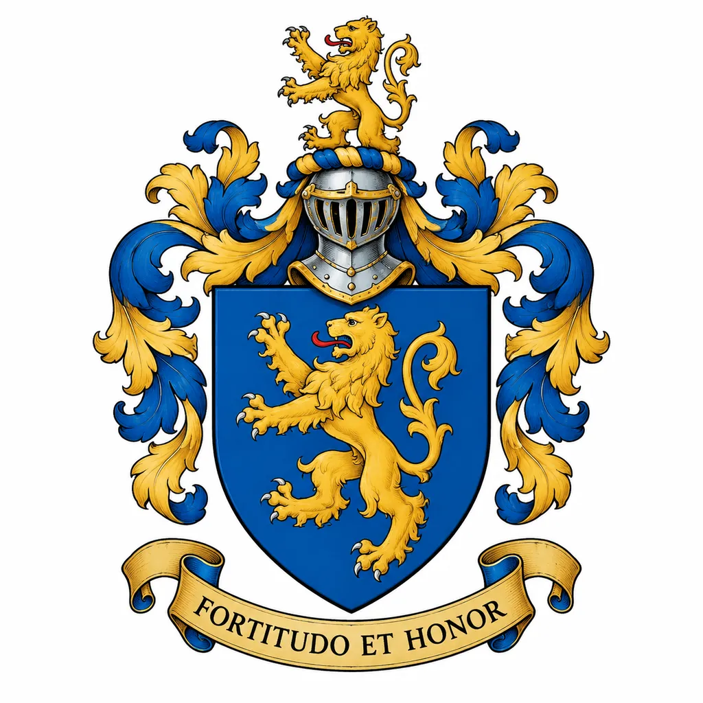 Blue lion, helm, Latin motto
