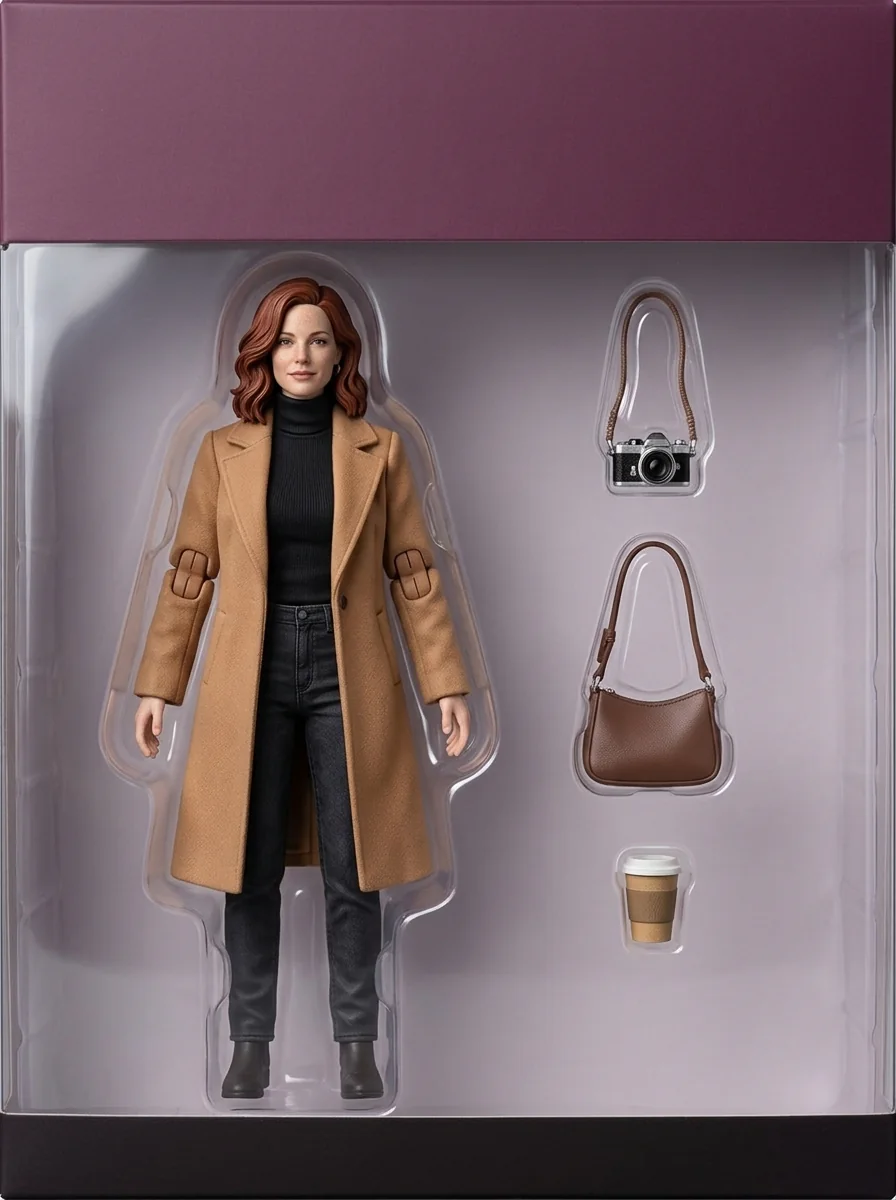 Eine verpackte Actionfigur einer Frau im kamelfarbenen Mantel mit Zubehör in der Verpackung