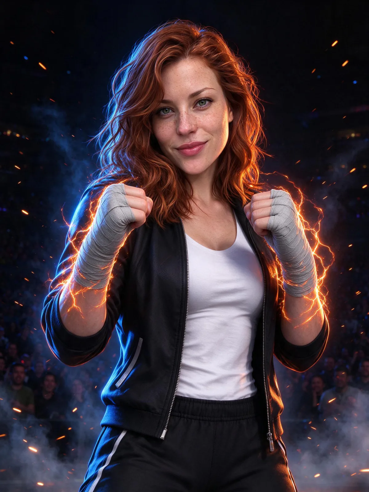A red-haired woman as a fighting-game hero with glowing fists in an arena