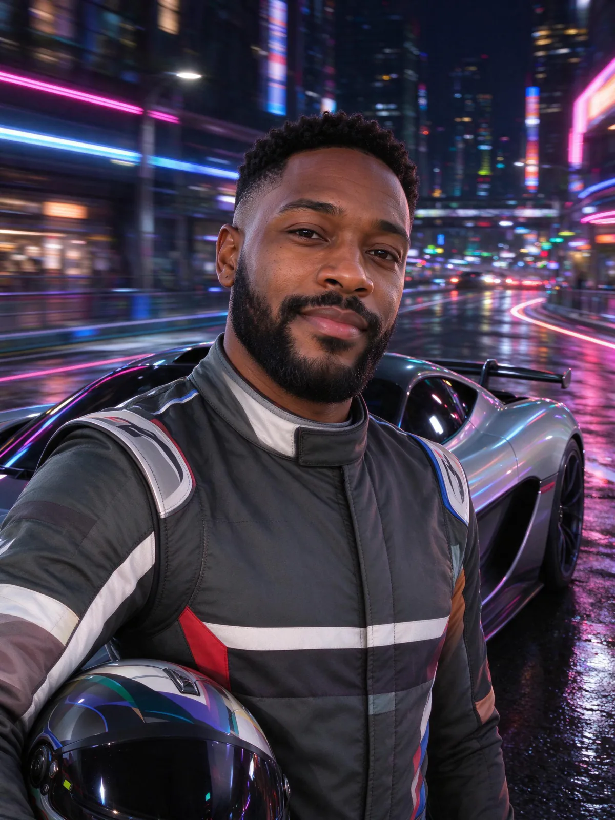A man in a racing suit holding a helmet next to a sports car on a neon street