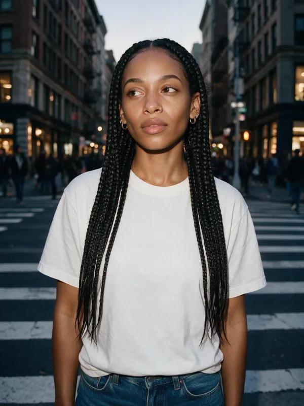 A woman with long box braids in a white T-shirt and jeans standing on a city crosswalk at dusk