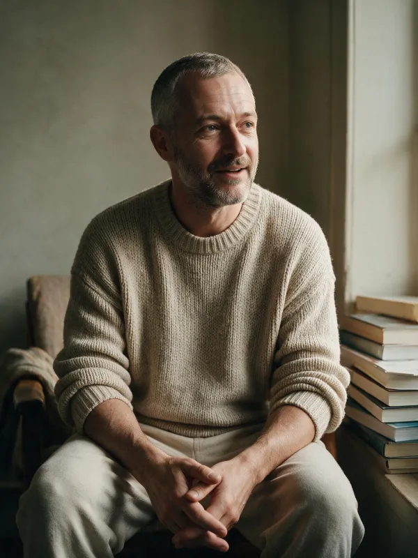 Theo in a knit sweater sitting in a reading nook beside a stack of books