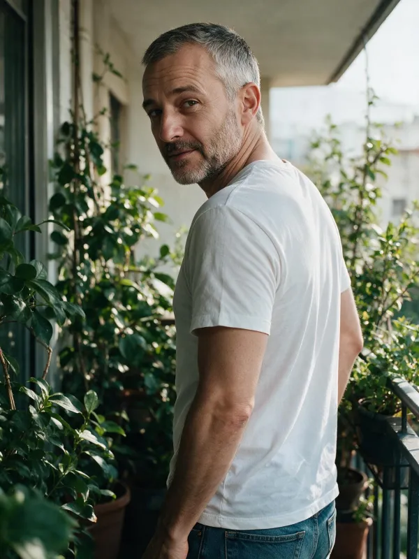 Theo in a white T-shirt glancing back on a balcony full of plants