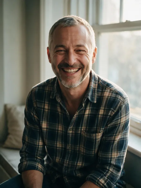 Theo in a plaid flannel shirt sitting on a window seat in morning light