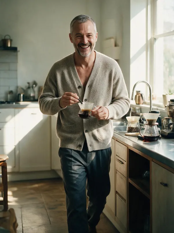 Theo in a cardigan walking through a sunny kitchen with a coffee cup