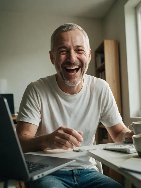 Theo in a T-shirt laughing at a home office desk