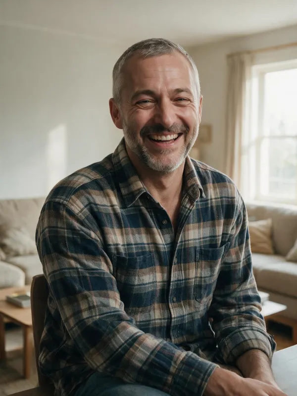 Theo in a flannel shirt smiling in a cozy living room