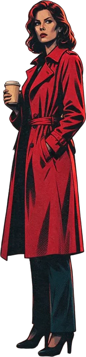 Woman in red trench coat holding coffee cup