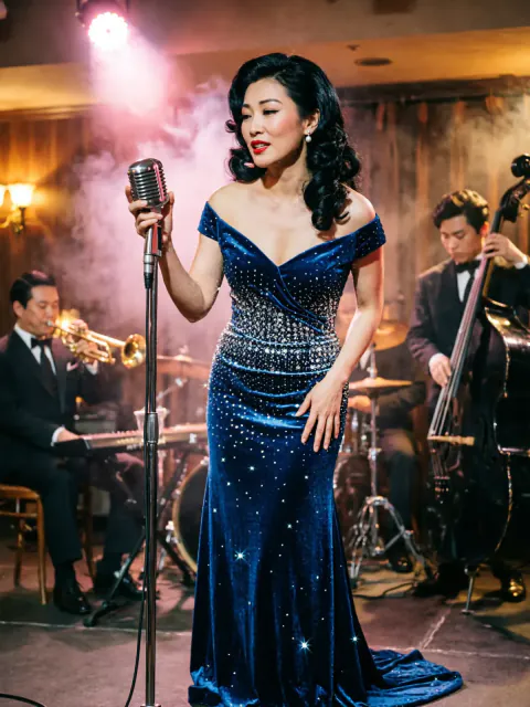 A singer in a sequined midnight-blue gown at a vintage microphone in a smoky supper club, a band blurred behind her.