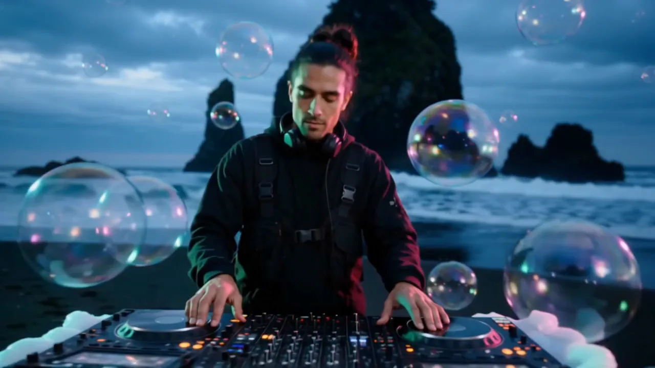 DJ set on a black sand beach