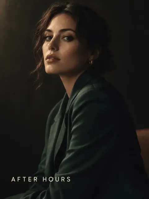 A moody portrait of a woman in a dark green blazer with the cover line AFTER HOURS in small spaced capitals at the bottom left.