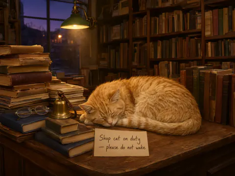 A ginger cat asleep on a bookshop counter beside a brass bell and a card reading “Shop cat on duty — please do not wake”.