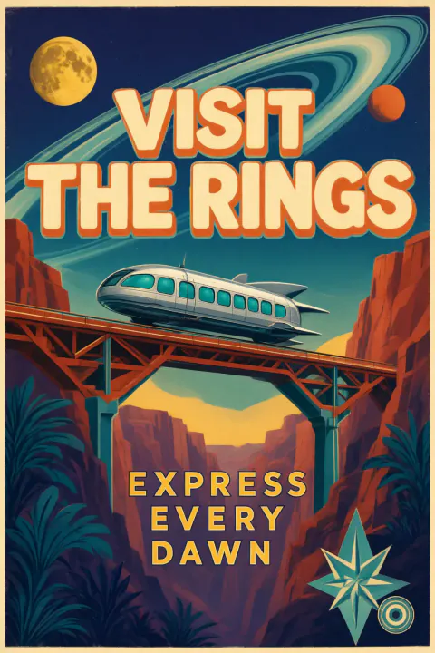 Retro screen-printed poster reading VISIT THE RINGS and EXPRESS EVERY DAWN, with a silver tram crossing a canyon bridge under a ringed planet.