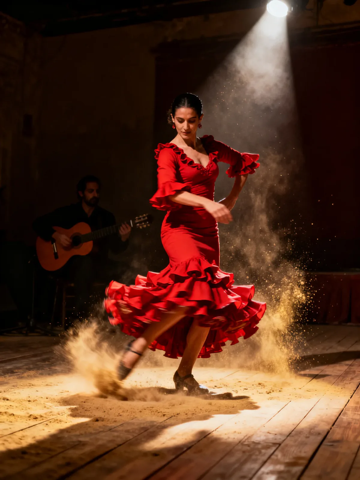 A flamenco dancer in a ruffled red dress spins on a dusty wooden stage under a spotlight, a guitarist in shadow behind her.