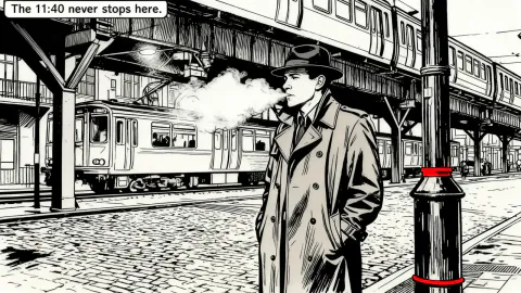Graphic-novel ink drawing of the man in a trench coat under the elevated railway, a red band on the lamppost and a caption reading “The 11:40 never stops here.”