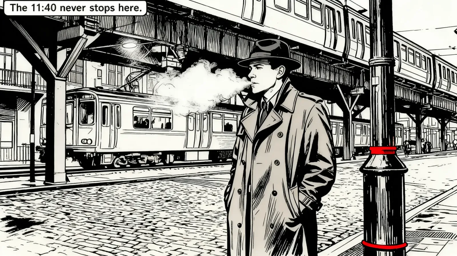 Graphic-novel ink drawing of the man in a trench coat under the elevated railway, a red band on the lamppost and a caption reading “The 11:40 never stops here.”