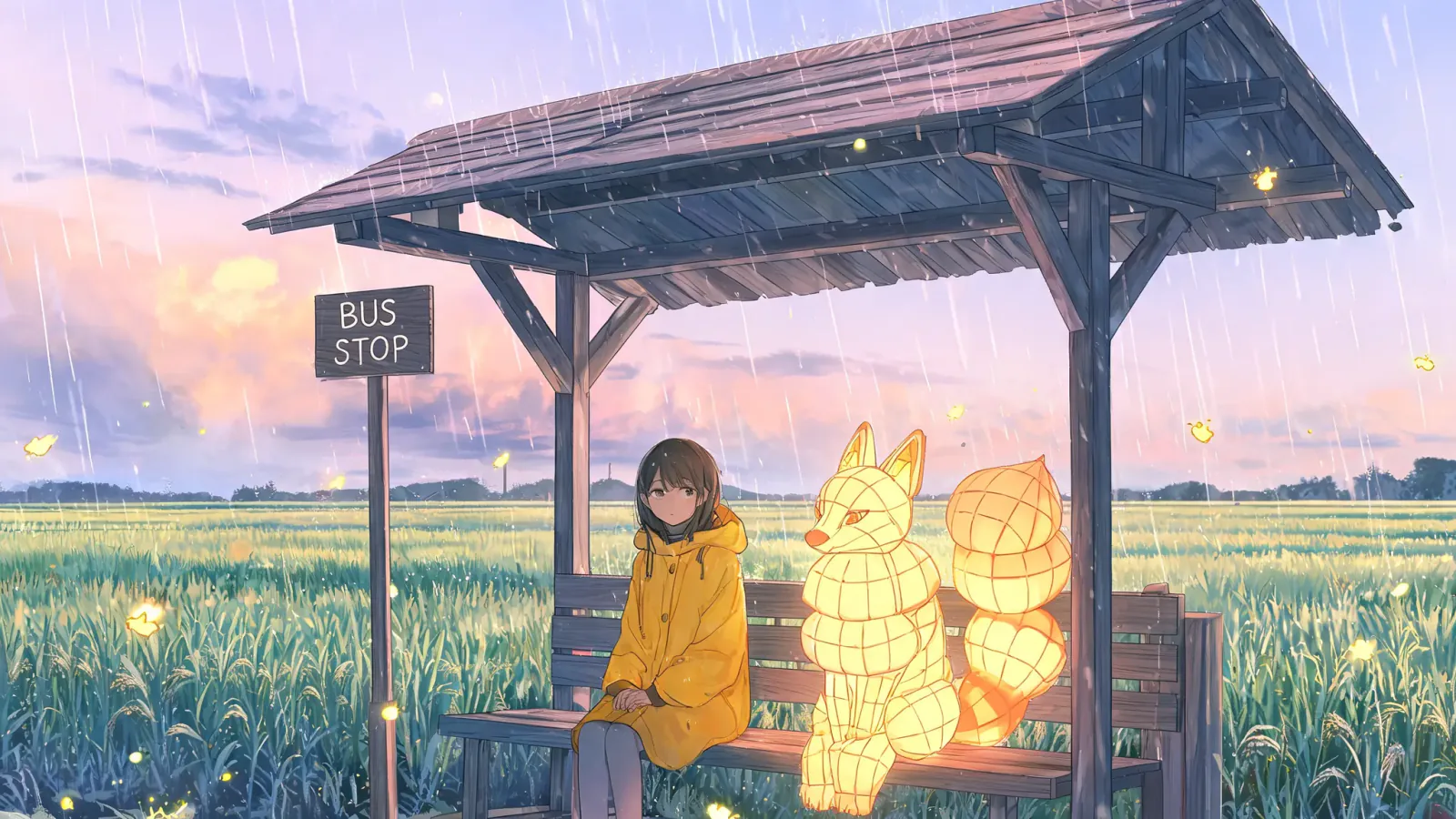 Anime illustration of a woman in a yellow raincoat on a wooden bus-stop bench beside a glowing paper-lantern fox, rice fields in the rain.