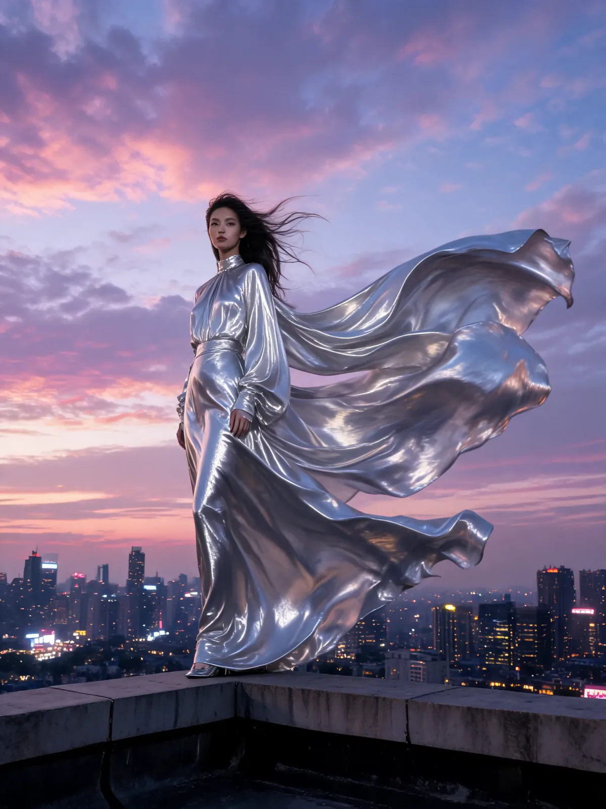 A model in a flowing liquid-silver gown stands on a rooftop ledge at dusk, fabric streaming sideways above the city lights.