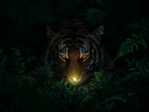 A tiger crouched low in dark ferns, its face lit by a single glowing firefly at the tip of its nose.
