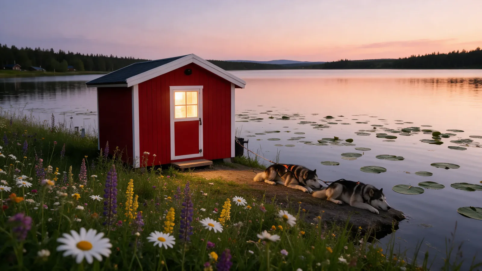 The same red cabin on a calm lake at a peach-coloured midsummer dusk, with lily pads, wildflowers and two resting dogs.