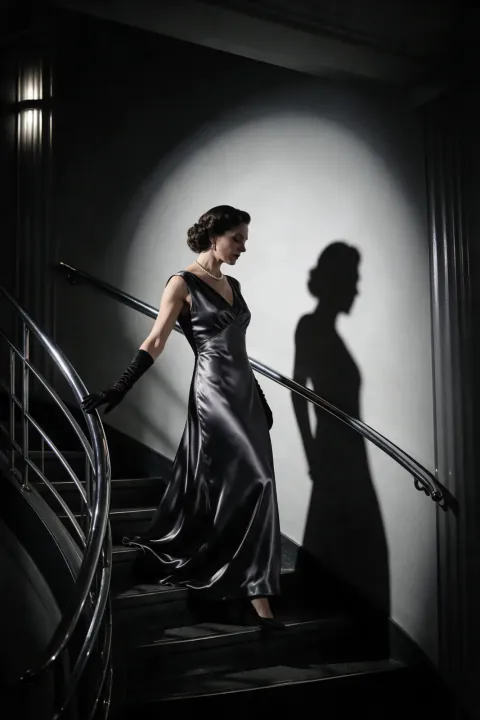A woman in a floor-length satin gown and long gloves descends a curved art deco staircase, her shadow cast large on the wall.