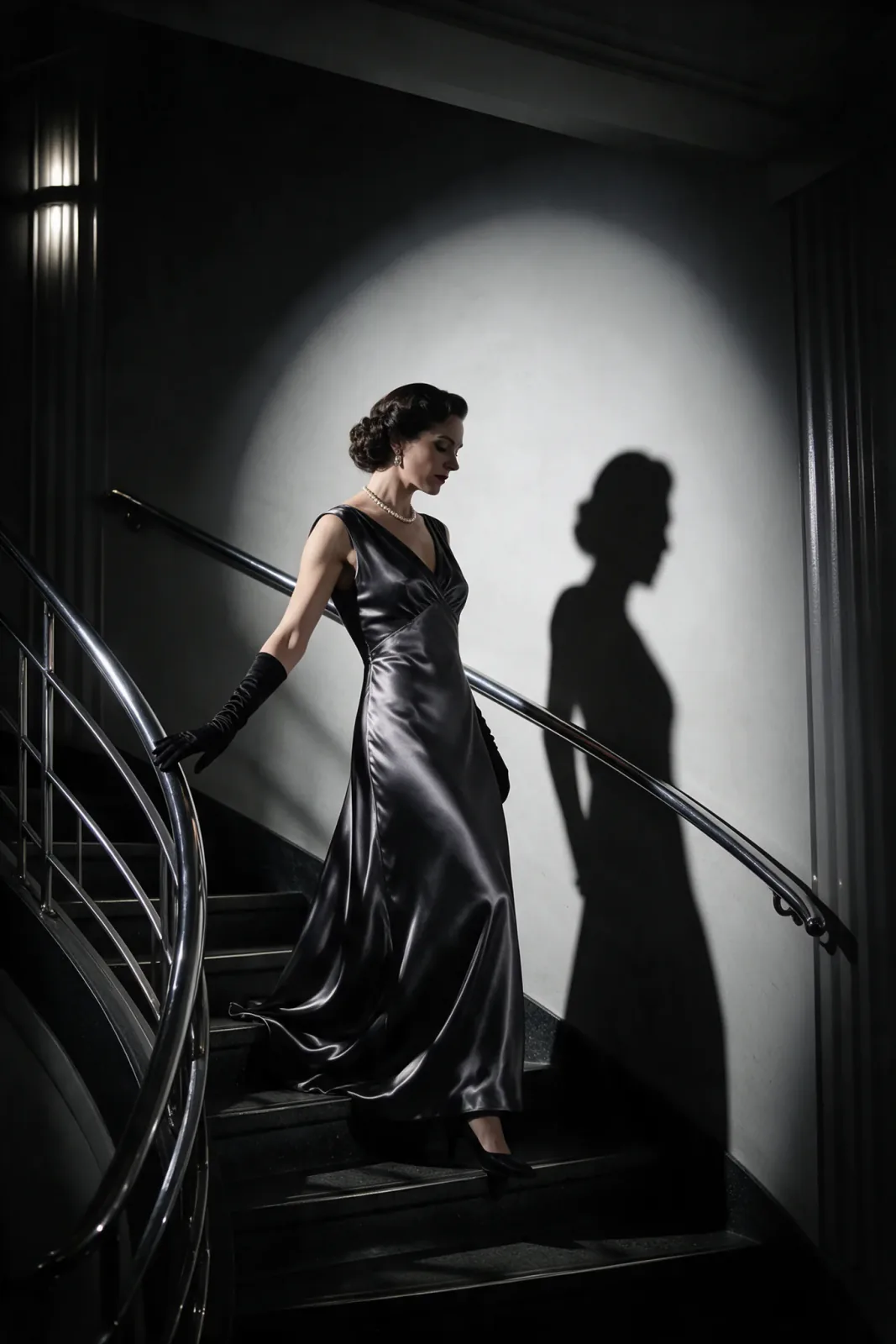A woman in a floor-length satin gown and long gloves descends a curved art deco staircase, her shadow cast large on the wall.