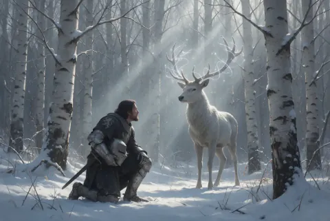A knight in battered silver armour kneels in a snowy birch forest before a white stag with softly glowing antlers.