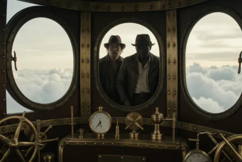 Two men in fedoras and worn jackets look out of a riveted porthole in a brass airship gondola above the clouds, gauges and a clock in the foreground.