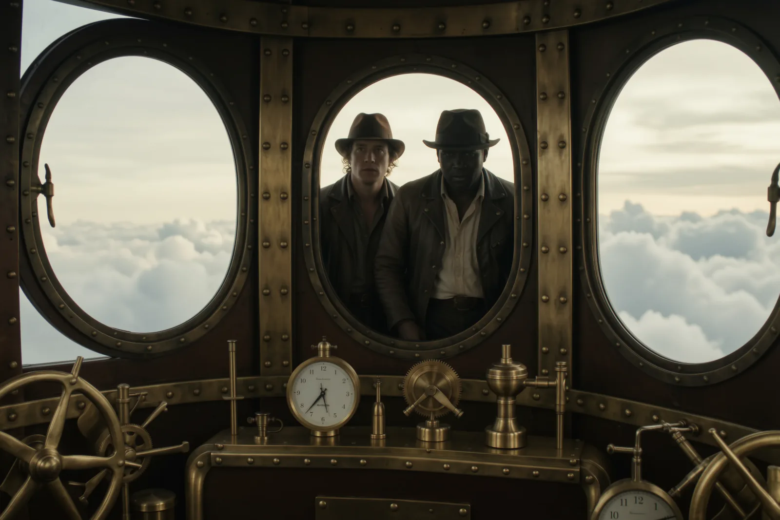 Two men in fedoras and worn jackets look out of a riveted porthole in a brass airship gondola above the clouds, gauges and a clock in the foreground.