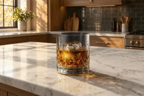 A cut-crystal whisky glass with ice and condensation on a marble kitchen counter in warm afternoon sun.