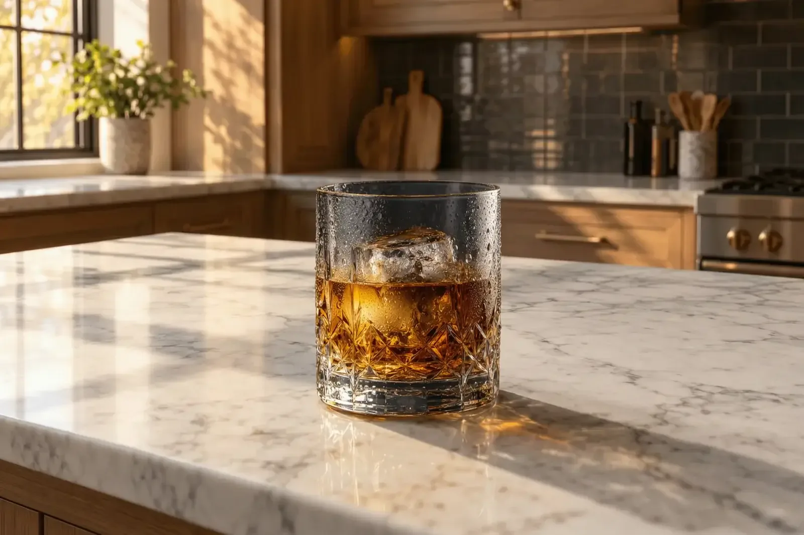 A cut-crystal whisky glass with ice and condensation on a marble kitchen counter in warm afternoon sun.