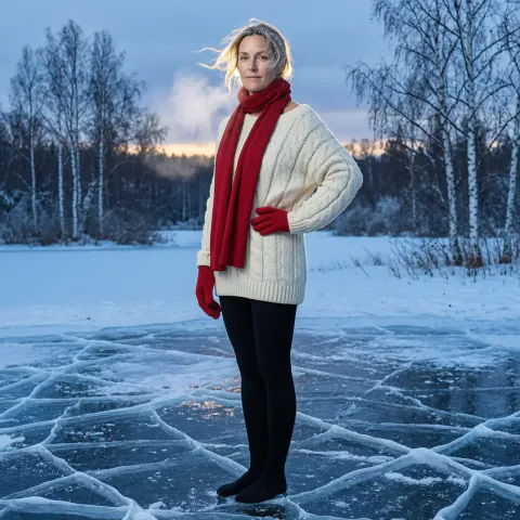 A woman in a cream cable-knit sweater, black tights and a red scarf stands on cracked black ice at blue hour, bare birch trees behind her.