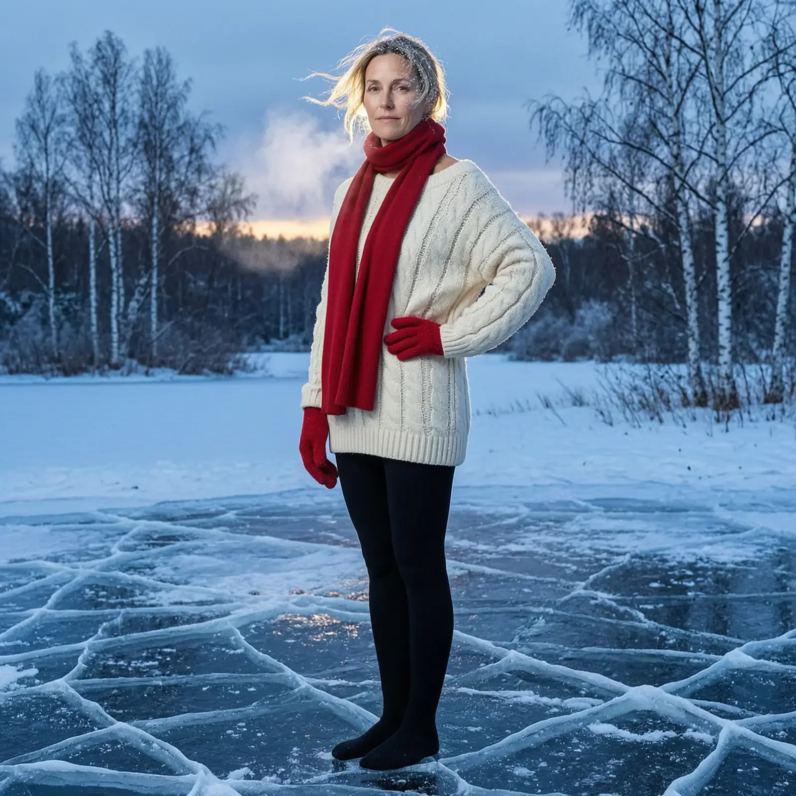 A woman in a cream cable-knit sweater, black tights and a red scarf stands on cracked black ice at blue hour, bare birch trees behind her.