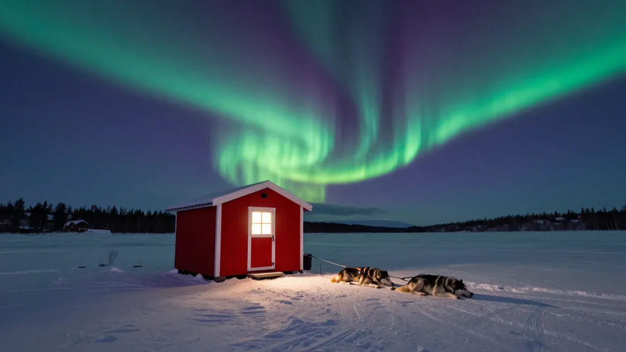 A small red cabin with a lit window on a snowy lakeshore under green and violet aurora, two sled dogs resting beside it.