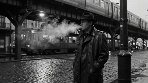 Black-and-white photo of a man in a trench coat and felt hat on wet cobblestones under an elevated railway, his breath fogging as a train passes overhead.