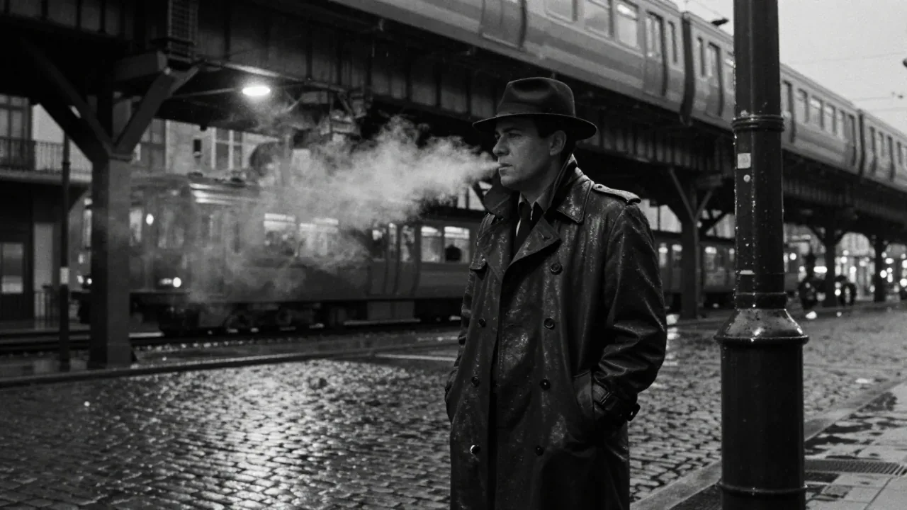 Black-and-white photo of a man in a trench coat and felt hat on wet cobblestones under an elevated railway, his breath fogging as a train passes overhead.