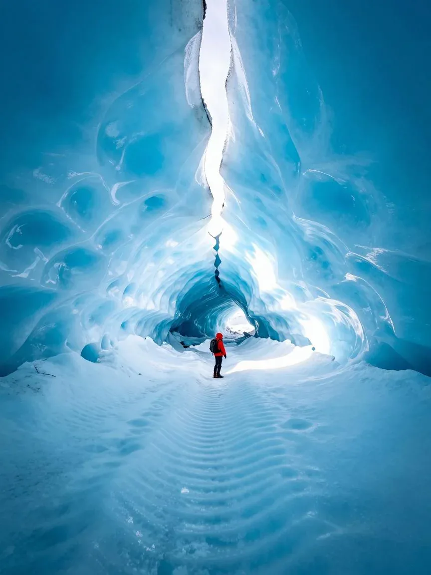 A hiker in a red jacket stands small inside a vast blue glacier cave, sunlight pouring through a crack in the ice ceiling.