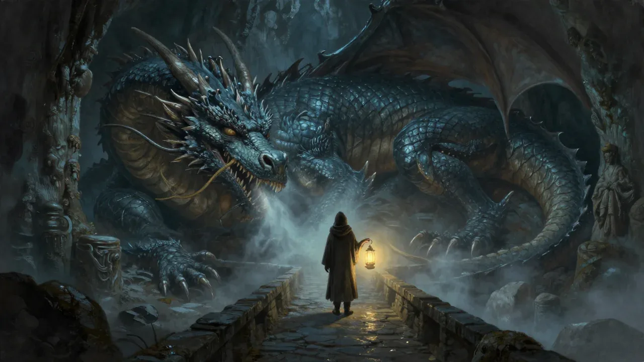 A hooded figure with a lantern stands on a stone bridge in a misty cavern before an enormous coiled dragon.