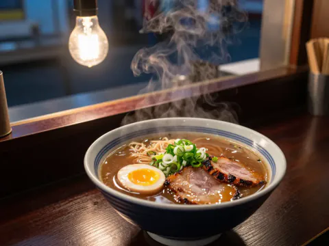 A steaming bowl of ramen with a soft egg, charred pork and scallions on a dark wooden counter under a hanging bulb.