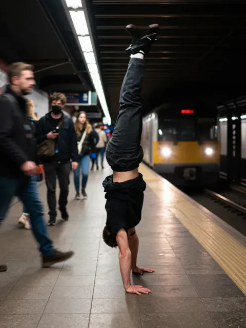 A breakdancer balances upside down on both hands on a tiled subway platform as commuters walk past and a train arrives.