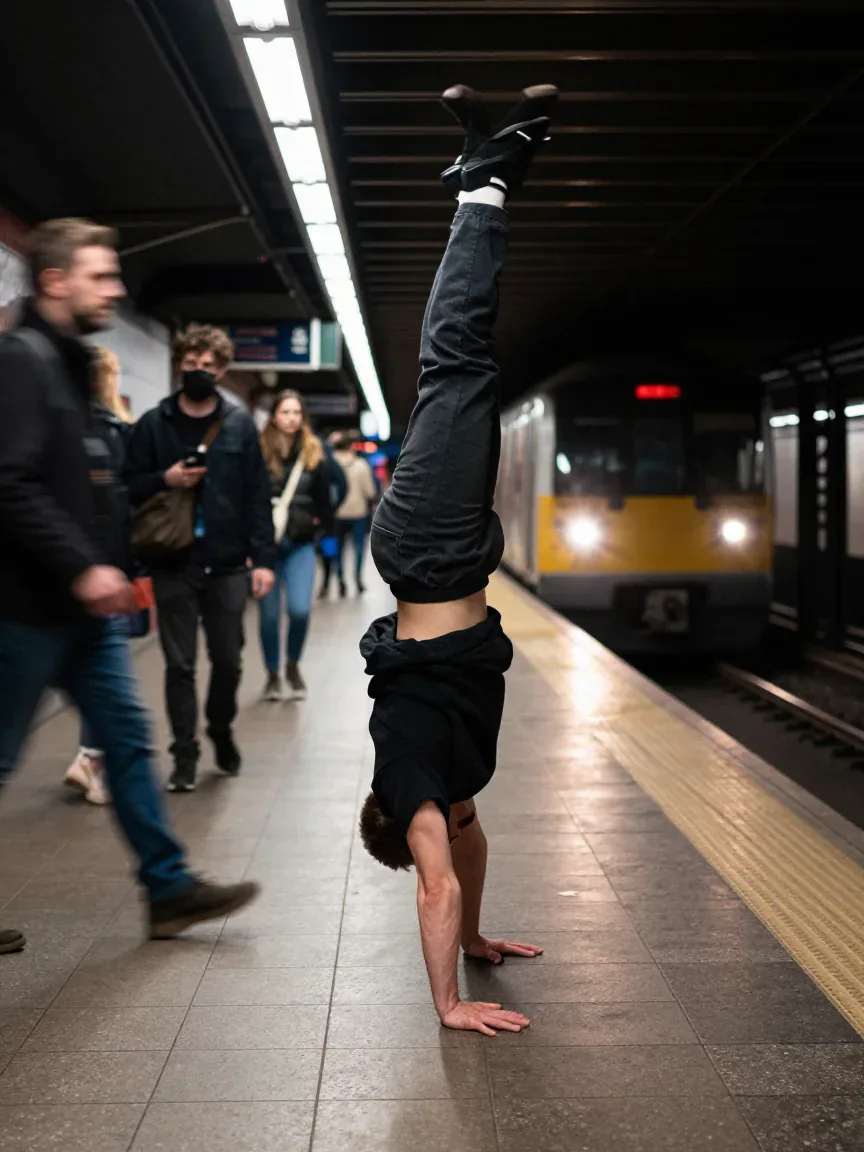A breakdancer balances upside down on both hands on a tiled subway platform as commuters walk past and a train arrives.