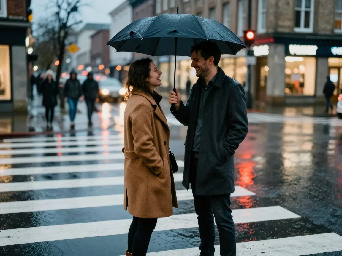 A man in a charcoal overcoat holds his umbrella over a laughing woman in a camel coat on a rainy crosswalk at dusk.