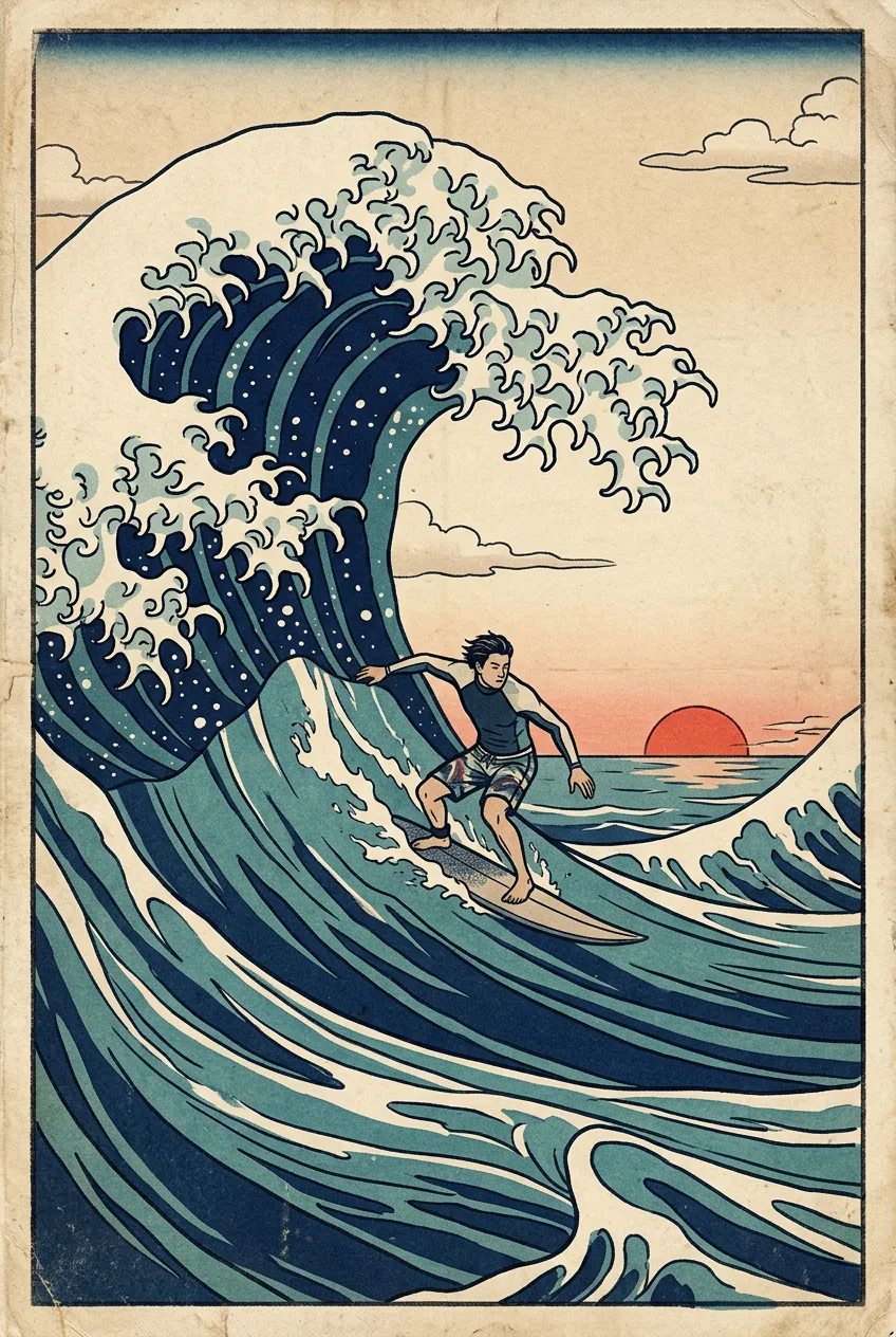 Woodblock Surfer, made with Nano Banana 2.1