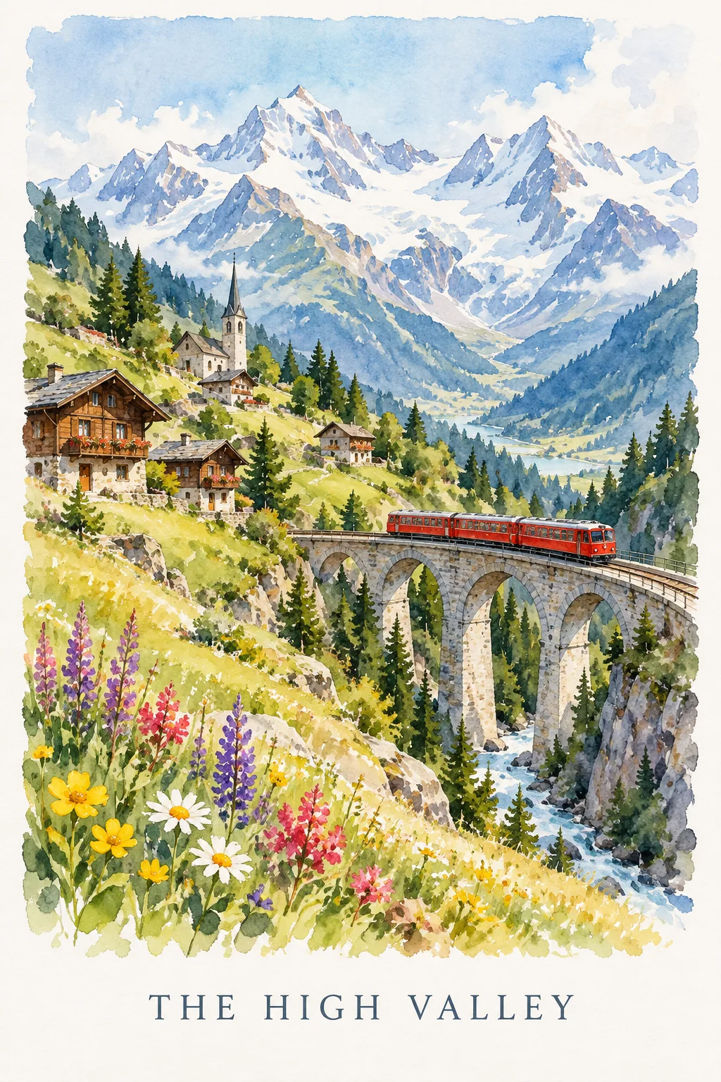 Alpine Watercolor Poster, made with GPT Image 2.5 Sunburst