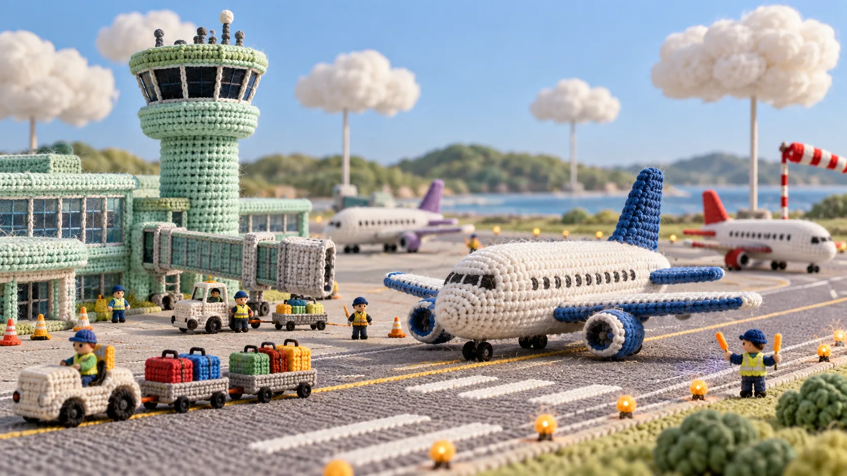 Crochet Airport, made with GPT Image 2.5 Sunburst