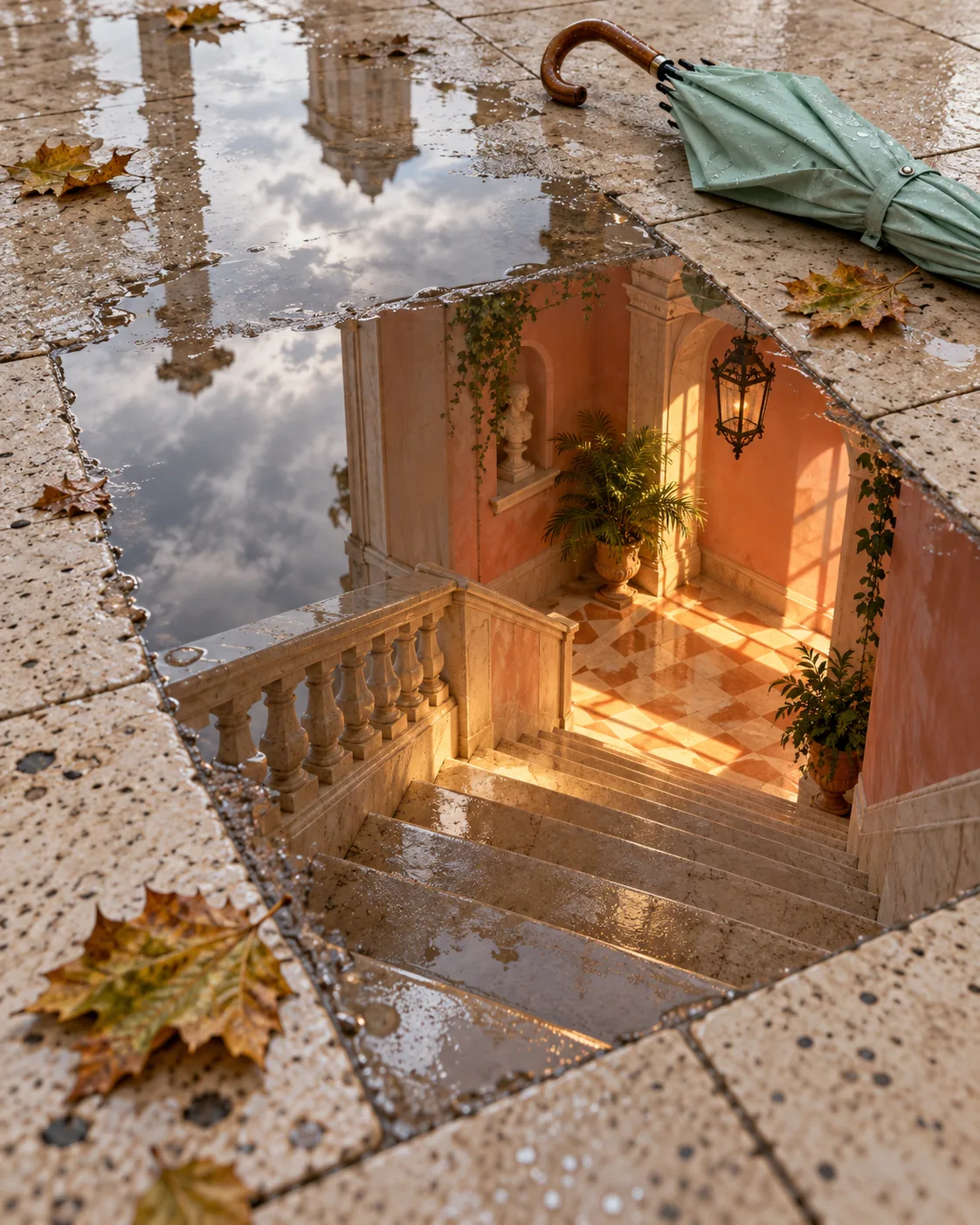 Puddle Staircase Descent, made with GPT Image 2.5 Sunburst