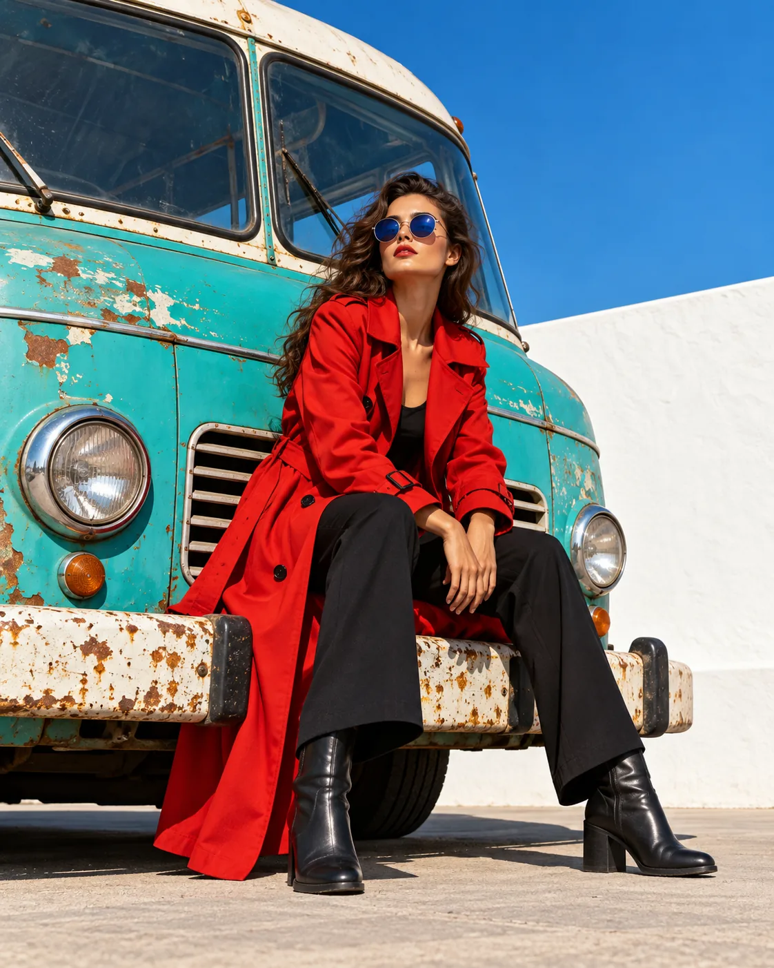 Red Trench, Teal Bus, made with GPT Image 2.5 Sunburst