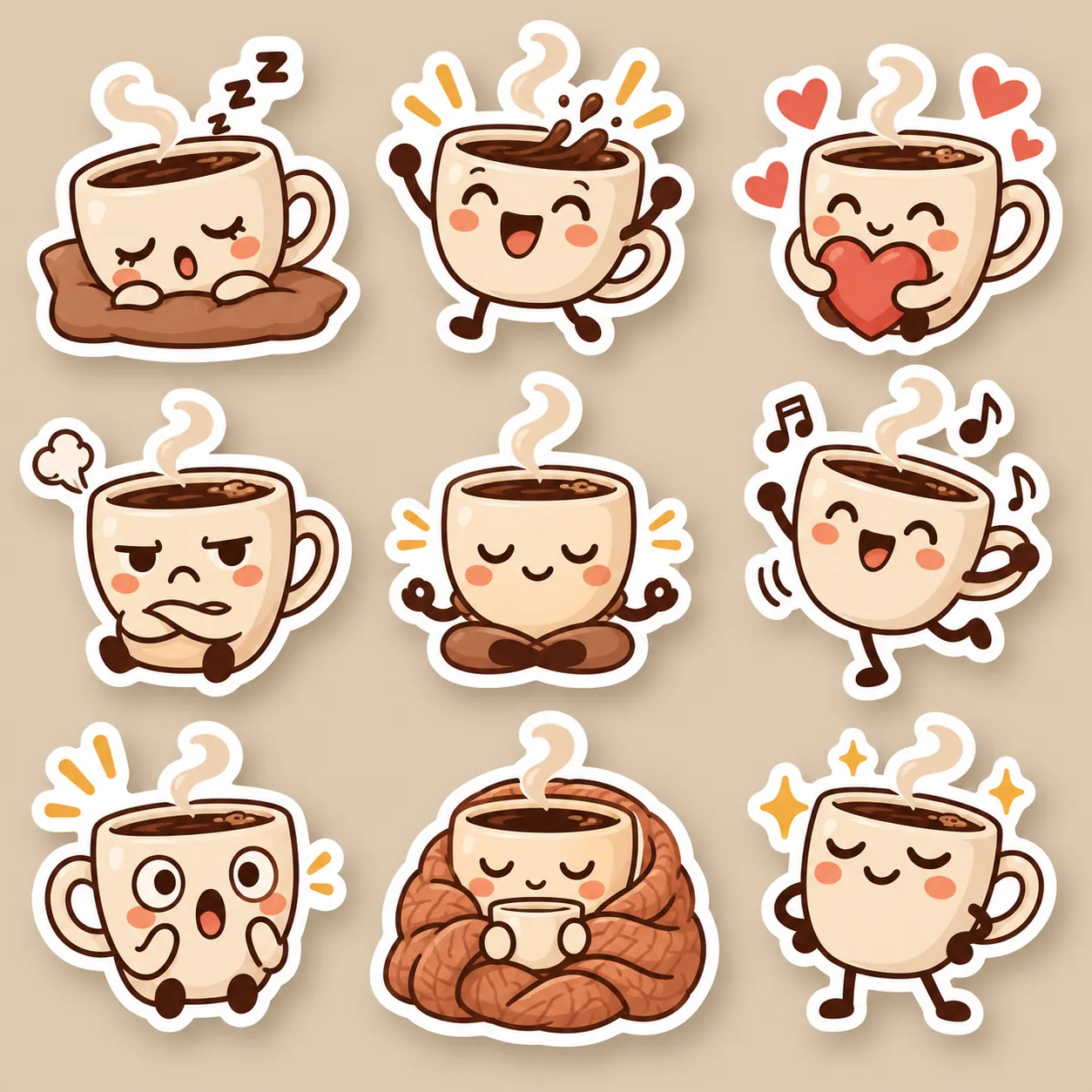 Coffee Mood Stickers, made with GPT Image 2.5 Sunburst