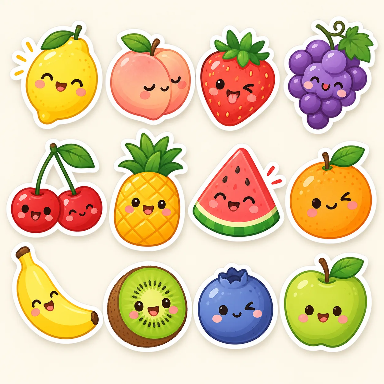 Fruit Friends Stickers, made with GPT Image 2.5 Sunburst